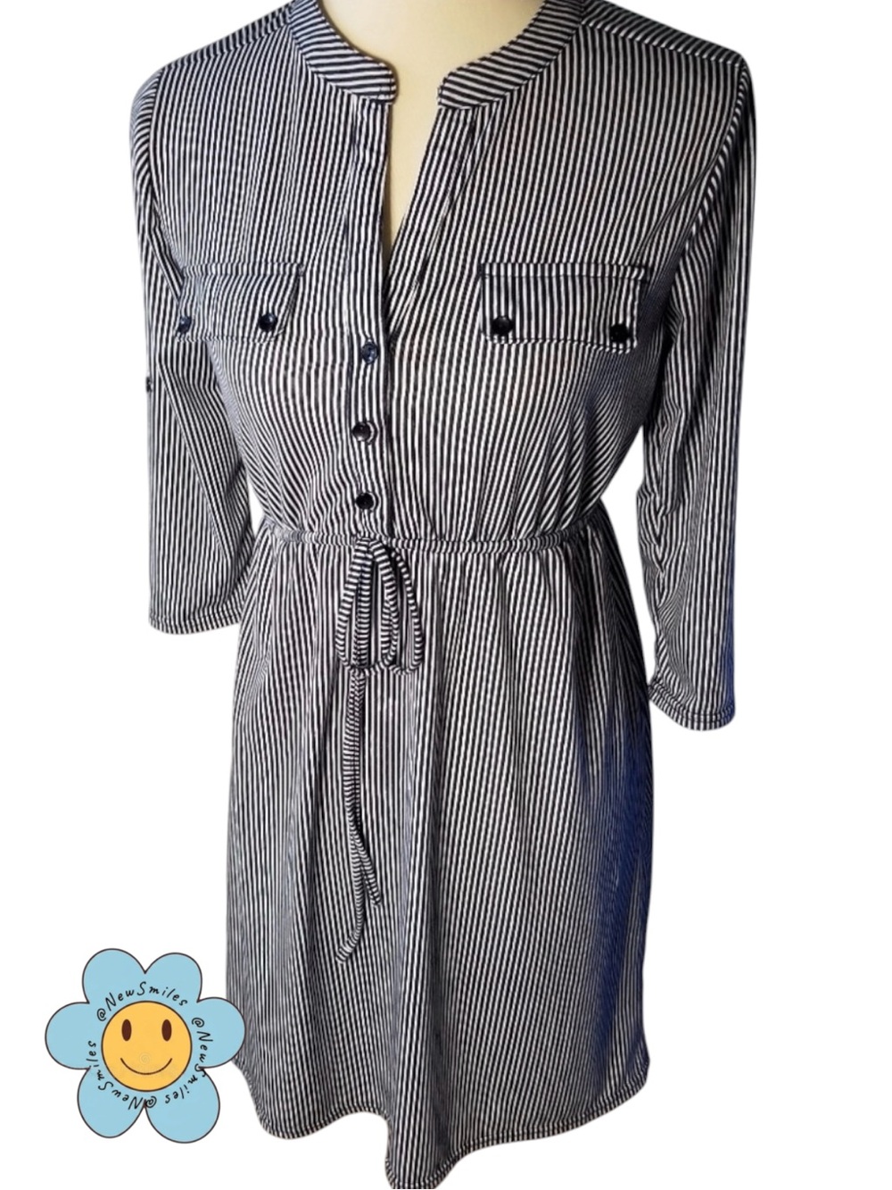 Sirenlily Maternity ~ Striped Dress ~ Blue & White ~ Adjustable Waist Tie ~ EUC